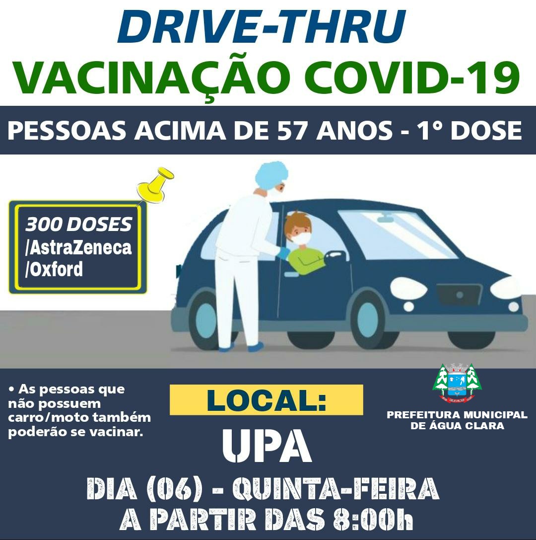 Nesta quinta-feira (06) acontecerá uma grande ação de imunização contra Covid-19, através do Drive Thru!
