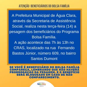 ATENÇÃO! Pesagem para beneficiários do Bolsa Família nesta terça-feira (14)