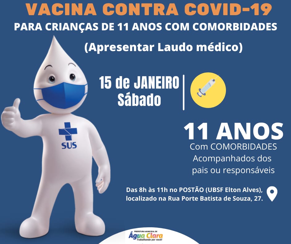 No momento você está vendo Vacinação contra COVID-19 em crianças de 11 anos com comorbidades neste sábado (15)