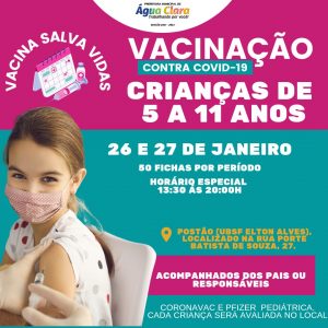 Leia mais sobre o artigo HORÁRIO ESPECIAL para vacinação contra COVID-19 em crianças de 5 a 11 anos