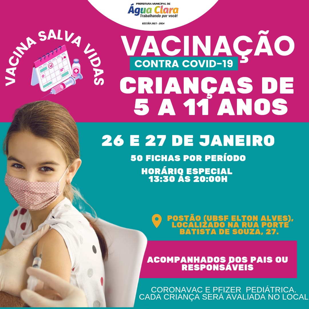 No momento você está vendo HORÁRIO ESPECIAL para vacinação contra COVID-19 em crianças de 5 a 11 anos