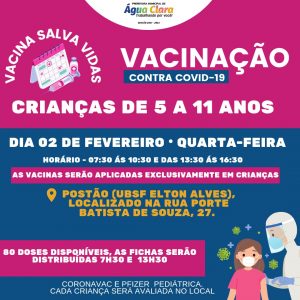 Vacinação contra COVID-19 em crianças de 5 a 11 anos nesta quarta-feira (02)