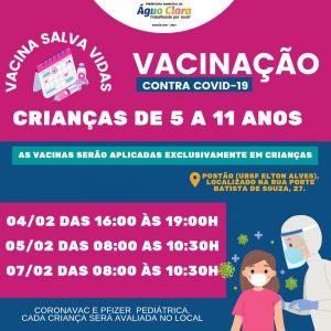 Vacinação contra COVID-19 em crianças de 5 a 11 anos nesta sexta, sábado e segunda