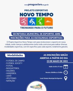 Leia mais sobre o artigo Inscrições para o  Projeto Esportivo “NOVO TEMPO” TREINANDO PARA O FUTURO começam nesta segunda-feira (23)