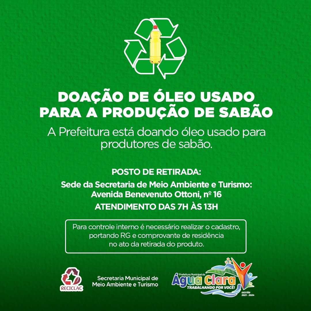 Secretaria de Meio Ambiente doa óleo usado para pessoas que fazem sabão no município