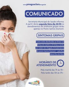Leia mais sobre o artigo A Secretaria Municipal de Saúde informa: ATENDIMENTOS de SINTOMAS GRIPAIS serão realizados apenas no Posto Santos Dumont
